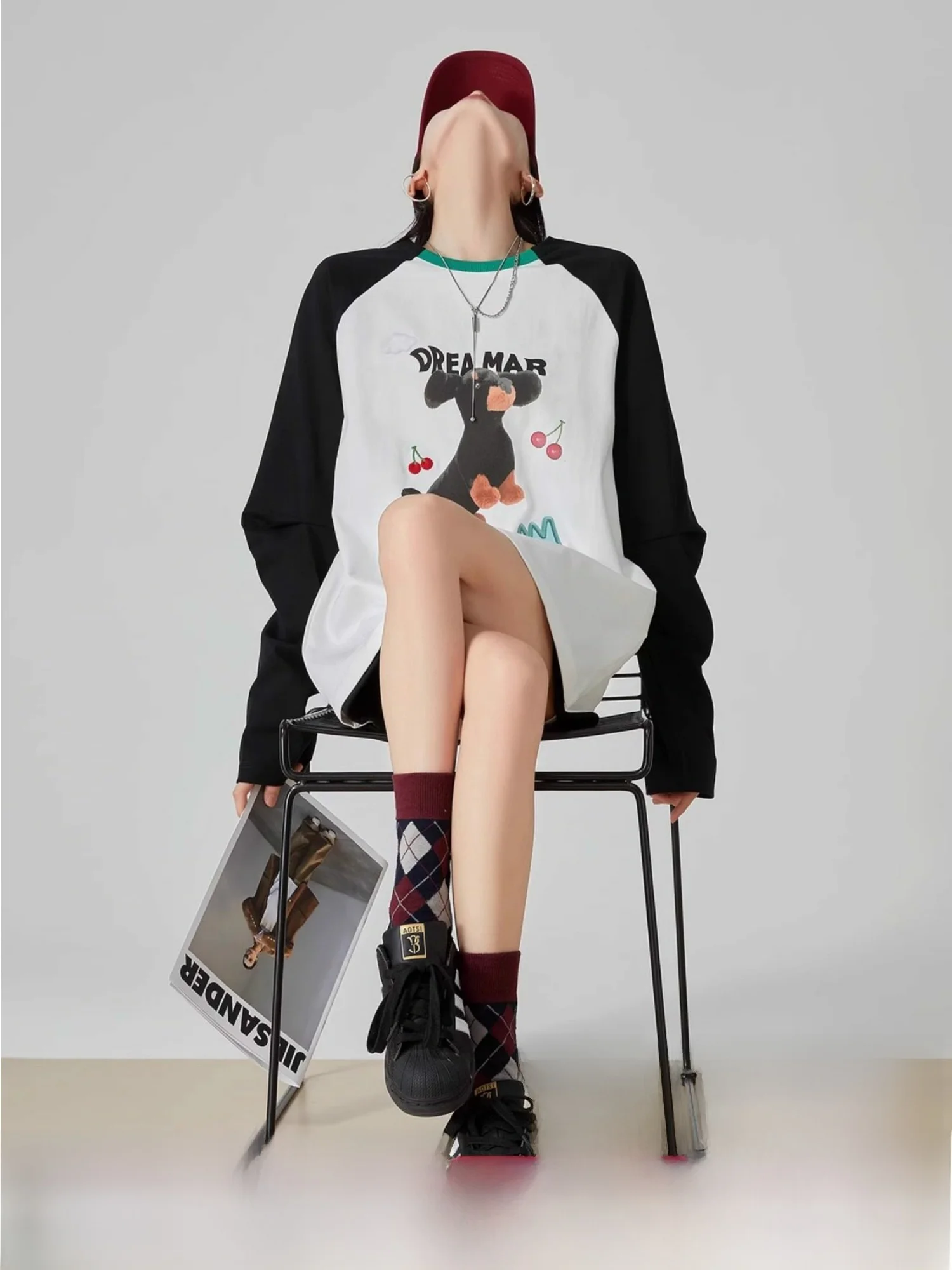 

Женская весенняя футболка Ele Long Sve, новый свободный цветной топ с животным принтом, повседневный топ из полиэстера, круглый топ