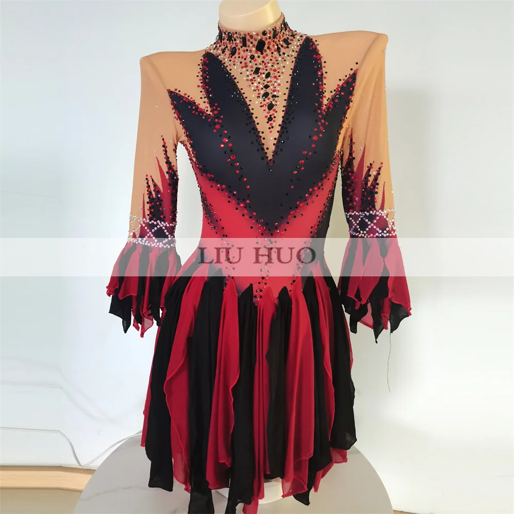 LIUHUO Latin Dance Ice Figure Skating Dress Women Adult Girl Teens Customize Costume Performance Competition Leotard Red Roller