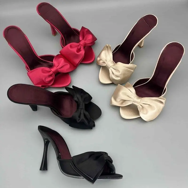 

2026 Summer New Elegant Women's Bow Stiletto Heel Slippers Fashion High Heel Sandals Luxury Design Versatile for Dress Outfit