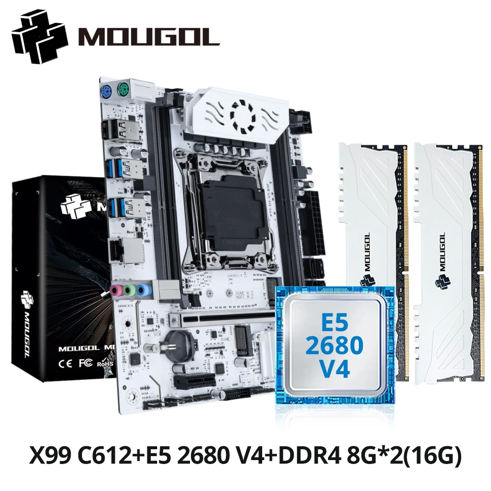 

Комплект материнской платы MOUGOL X99 Чип C612 с процессором E5 2680 V4 и памятью DDR4 16G (2*8G) 2133 МГц NVME PCIE3.0 SATA3.0 для настольного хоста