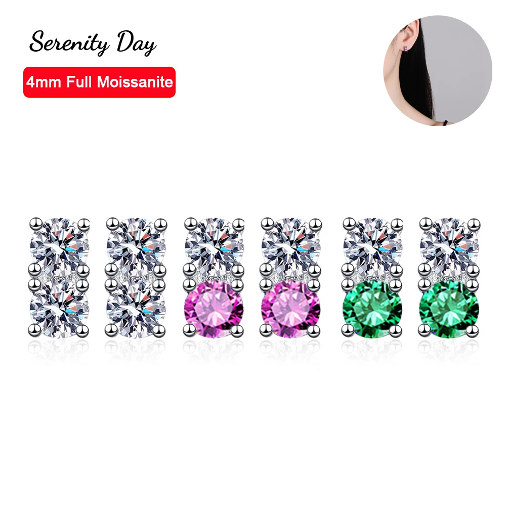 Serenty Day 4mm Real Colorful Full Moissanite Stud Earring For Women 100% S925 Sterling Silver Plate Pt950 Ear Fine Jewelry Gift