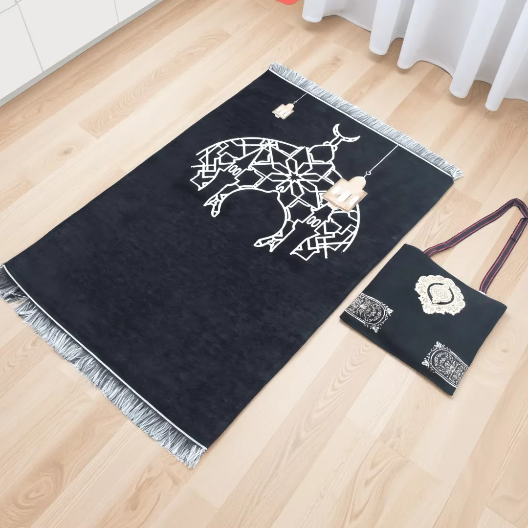 3pcs/1set Black Islamic Prayer Rug Elegant Bag Prayer Beads Janamaz Sajjadah Turkish Prayer Rug Ramadan Eid Gift Muslim Mat
