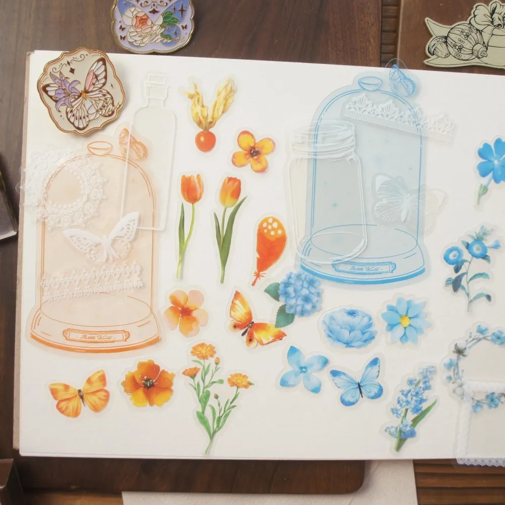 

28pcs Colorful Glass Cover Collects Plant Butterfly Style PVC Sticker Scrapbooking DIY Gift Label Decoration Tag
