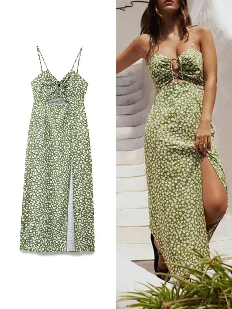 ZABA Women's Green Floral Halter Dress Sexy Sleeveless Backless Hollow Split Long Dress Casual Beach Holiday Seaside Dresses