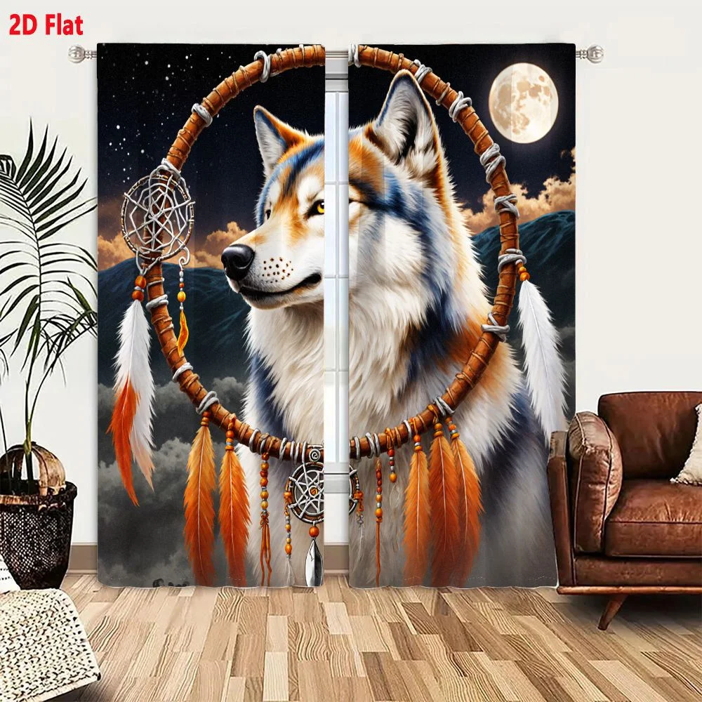 2Pcs Curtains 2D Flat Artistic Wolf With Dreamcatcher On Night Sky Background Window Drapes for Bedroom Room Decor Decoration Wi