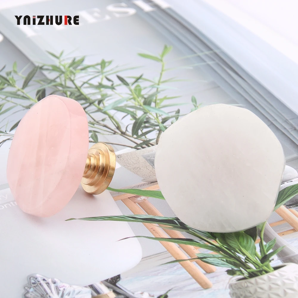 1pc Natural Rose Quartz/White Crystal Brass Drawer Handle Kitchen Cabinet Door Wardrobe Knob Handle for Furniture