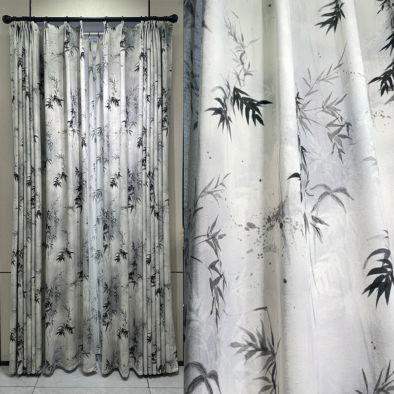 Chinese Bamboo Ink Painting Shading Smooth Curtain Digital Printing Soft Chenille Bedroom, Living Room Balcony Floor Screen New