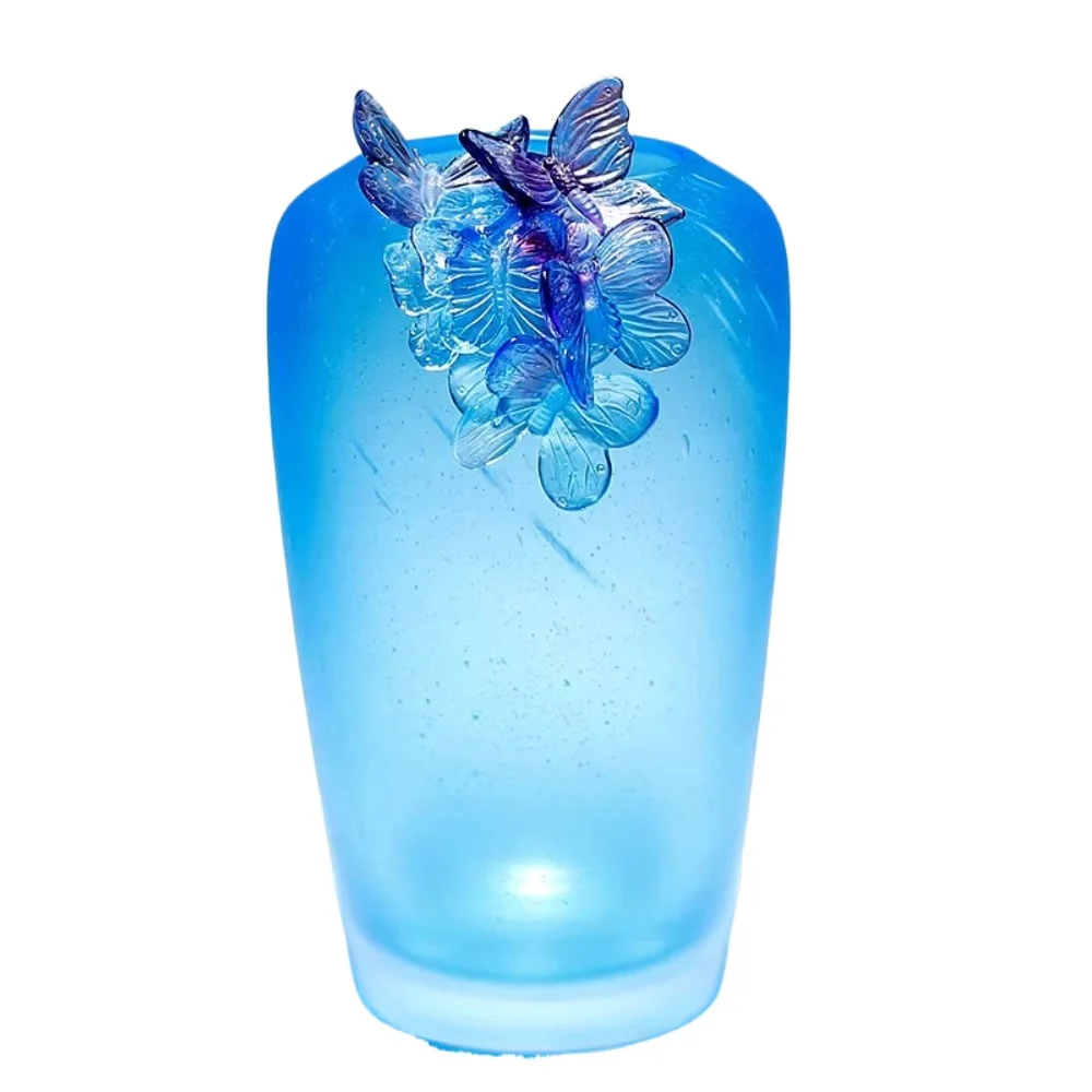 High end atmospheric office desktop decoration crafts, glass crystal butterfly blue vase decoration ornaments