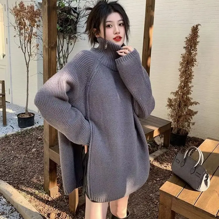 

Double Zipper Turtleneck Pullover Loose Casual Long Thickened Winter Sweater Women Fashion Retro Autumn And Winter New Style