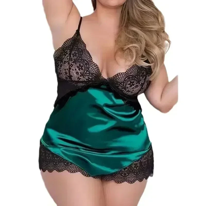 Night Dress Women Plussize Lingerie Sexy Lace Deep V Sexy Color Satin Sexy Underwear Ladies Home Wear Pajamas Underwear 2 Sets