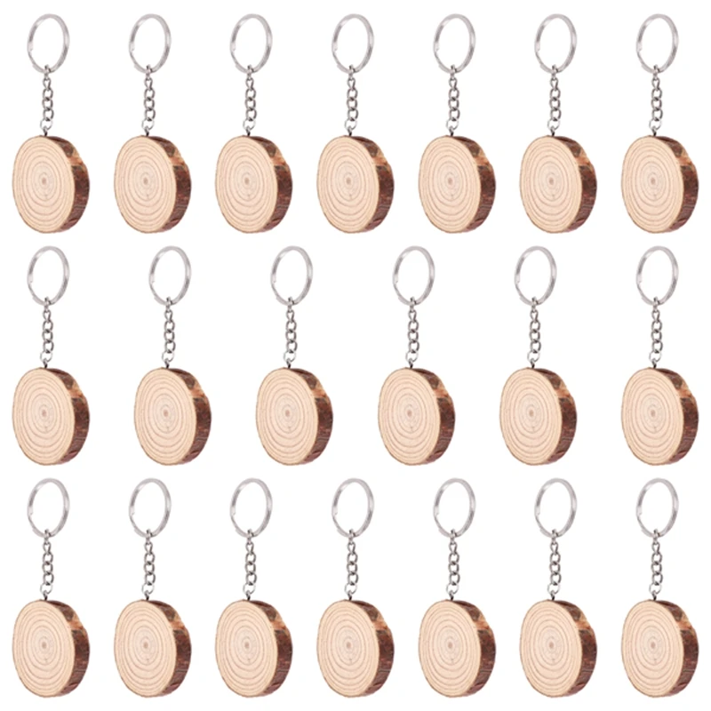 BEDW-20 Pack Unfinished Wood Slices Keychain Blank Hand-Painted Wooden Keychain Creative Christmas Pendant DIY Wood Keychain