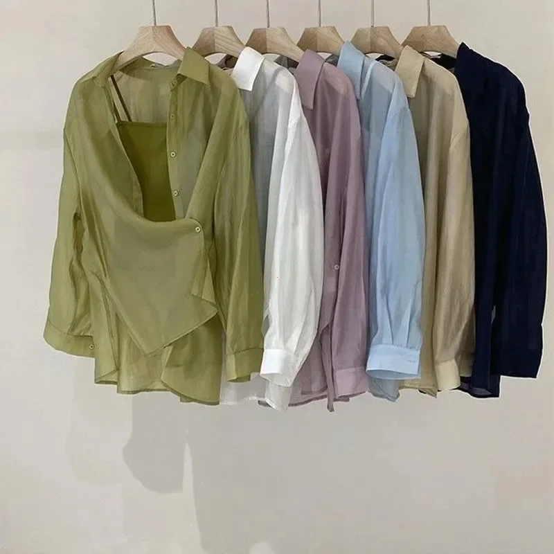 Camisas de malla para mujer, ropa fina de verano para mujer, manga larga, holgada, estilo coreano, transparente, suave, para estudiantes, universidad, cuello vuelto