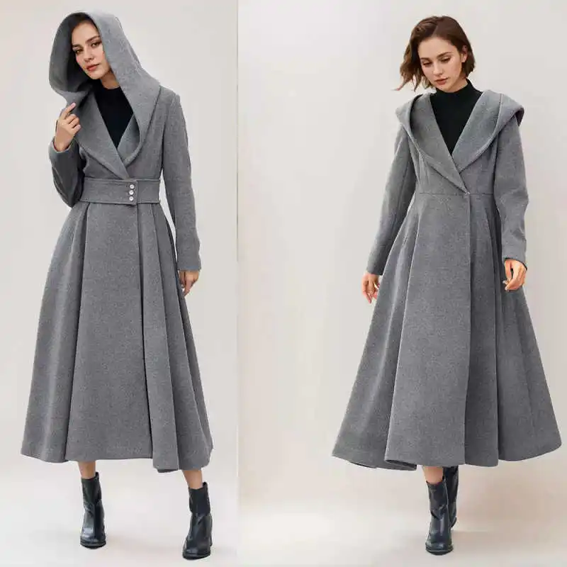 

Handmade Wool Blend Women's Coat Autumn Winter New Style Loose Long Korean Version Outerwear with Hat Customized