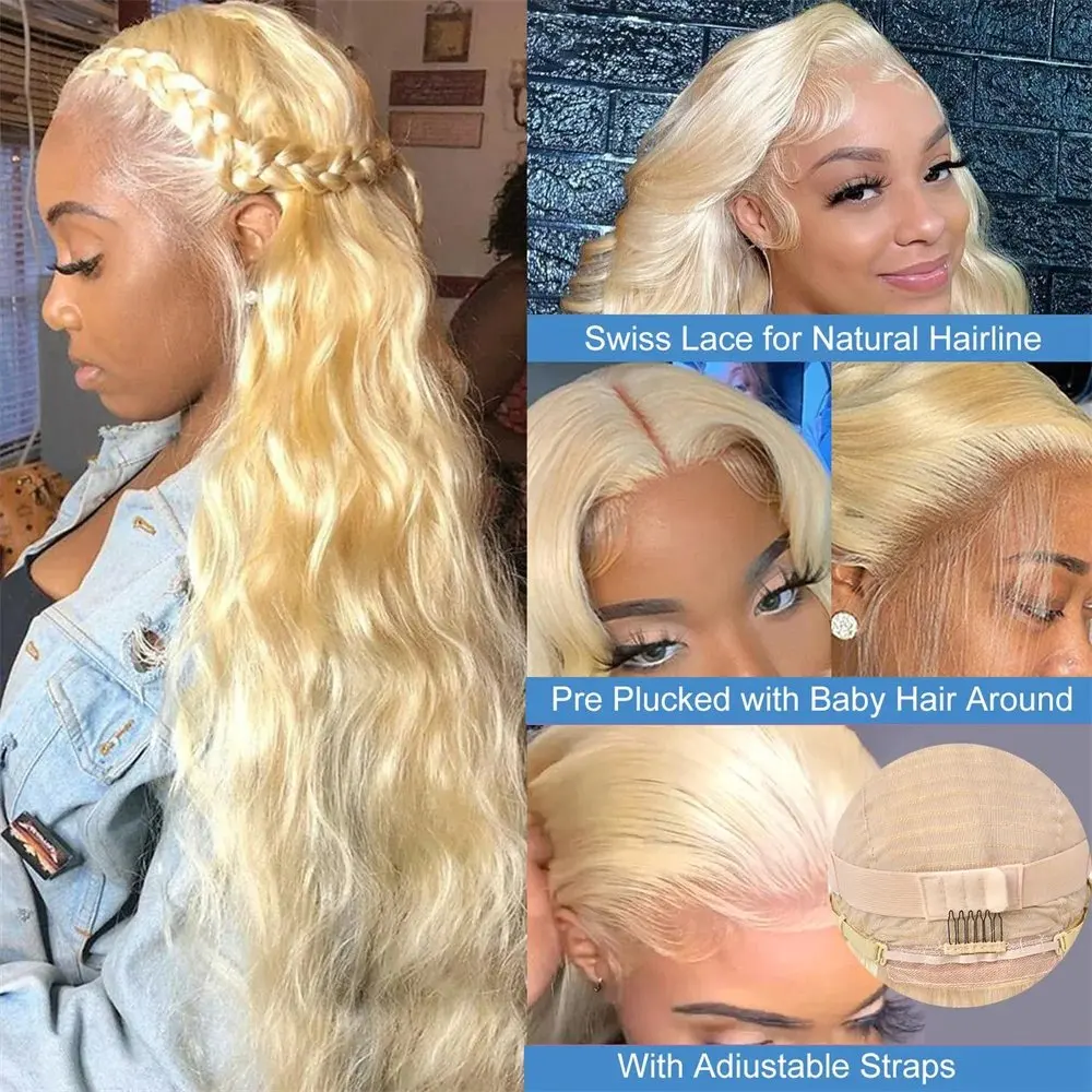 Blonde 613 HD Lace Wig 13x6 Human Hair 13X4 Frontal Blonde Colored Body Waves Glue-Free Waves 34 Inch Wig 150 Density