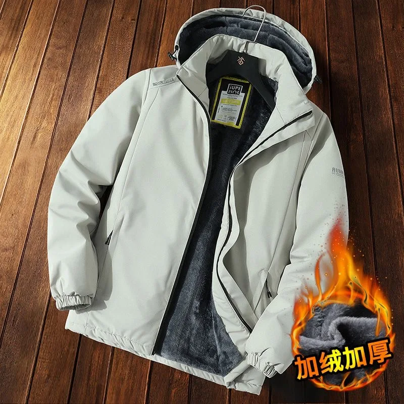 2024 Autumn/Winter New Fleece Thickened Hooded Jacket Men's Fashion Casual Loose Waterproof Windproof Warm Large Size Coat L-5XL