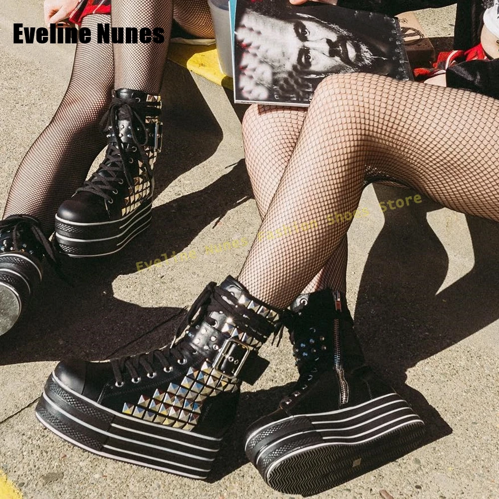 

Metal Rivet Platform Motorcycle Boots Round Toe Thick Sole Lace Up Mixed Colors Women Mid-Calf Boots 2025 Street Style Punk Shoe