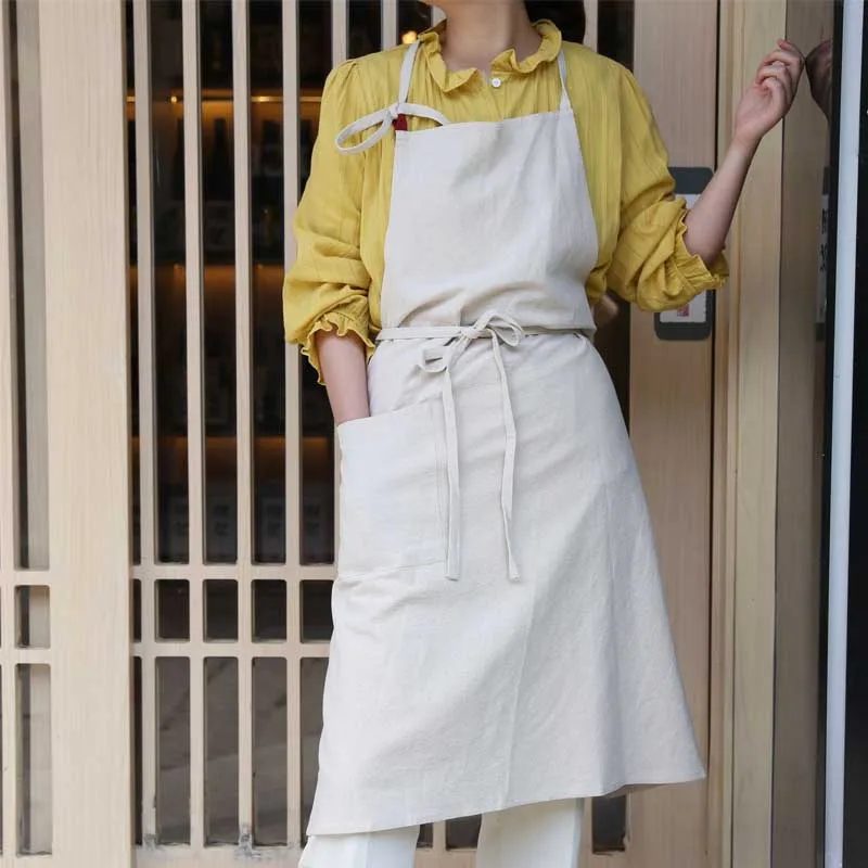 Solid Color Long Cotton Linen Kitchen Apron for Women with Adjustable Straps Sleeveless Pinafore for Gardening Cooking Baking