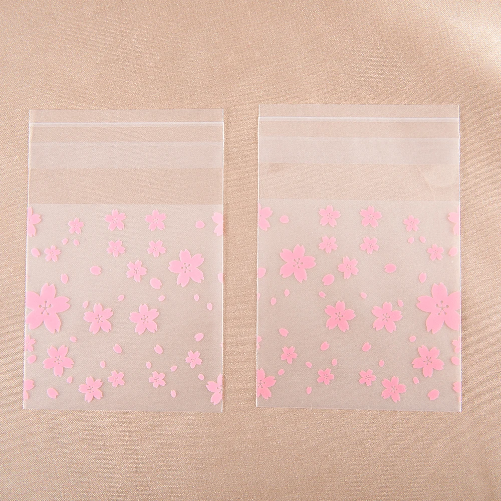 100Pcs Five Sizes Pink Sakura Transparent Plastic Gift Pouch Self-adhesive Biscuits Candy Jewelry Gift Packaging Plastic Bag