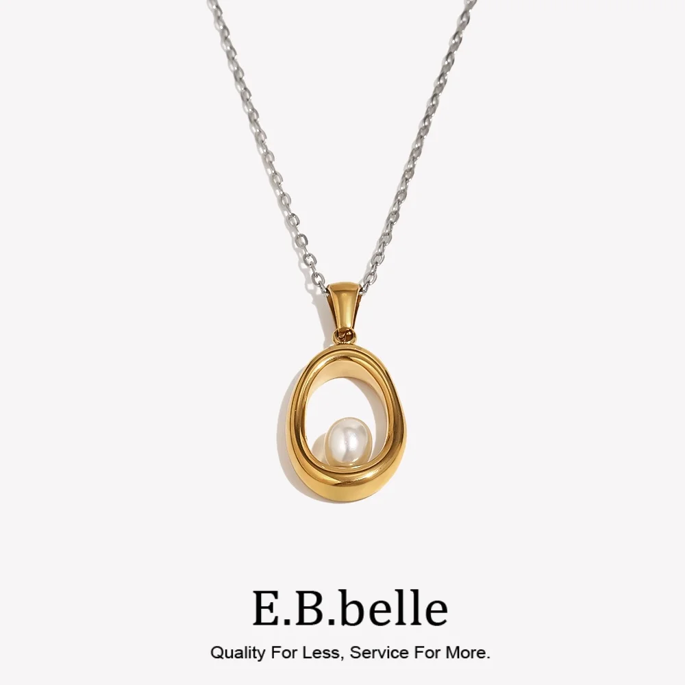 E.B.belle Hollow Out Frame Pearl Pendant Necklace 316L Stainless Steel Anti-Fade Chain  Minimalist Luxury Elegant Women Jewelry