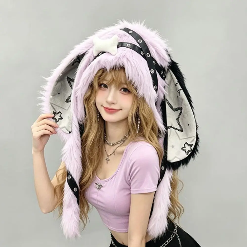 Creative Gift Y2K Streetwear Bunny Ear Hat Punk Style Hat Adjustable Snaps Gothic Style Faux Fur Hat