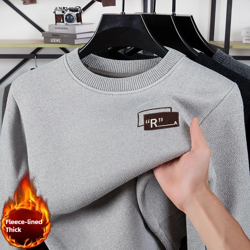 

Men's Casual Warm Thick Knitted Sweater Classic Round Neck Embroidery Pullovers Lightweight Solid Color Winter Sweaters