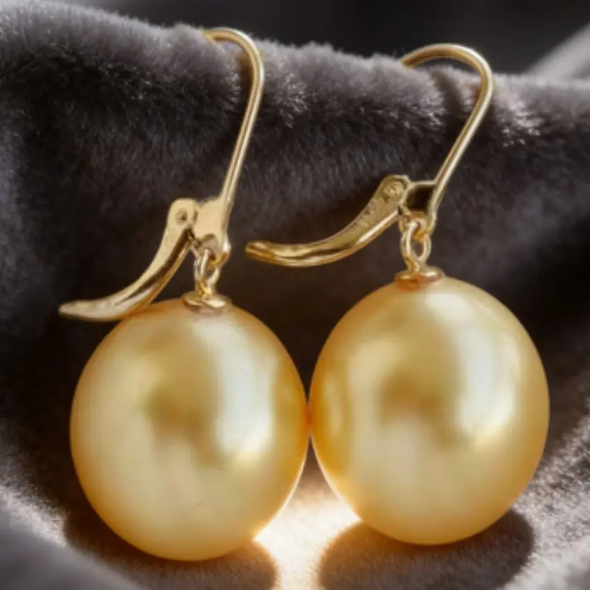 16mm natural south sea shell pearl earrings 14K gold  Flawless Aurora Dangler