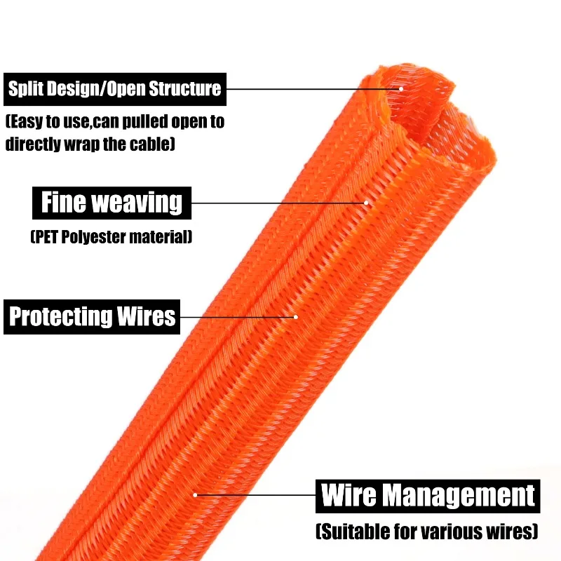 3-10m Orange PET Braided Cable Sleeve 3mm ~ 32mm Wire Organizer Self-Closed Sheath Protection Wear Resistant Insulated Sleeving