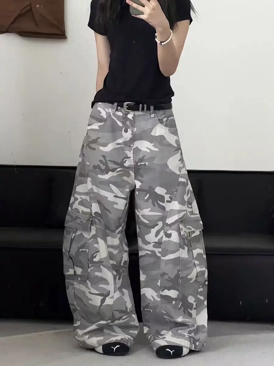 

American High Street ey White Camouflage Waed Wide Leg Knife Jeans Men's Casual Straight Leg Workwear Trousers