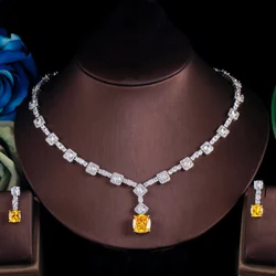 ThreeGraces Elegant Yellow CZ Crystal Silver Color Big Square Drop Earrings Necklace Wedding Party Jewelry Sets for Women TZ581