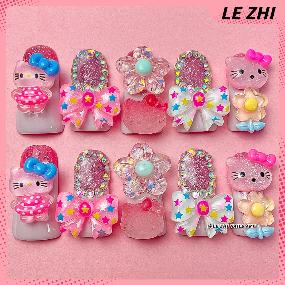 Cute Hello Kitty Duck-bill French Artifical Full Cover Nail 3D Stereo Bowknot Flower Pink Glitter Reusable Nail Art Bridal Gift