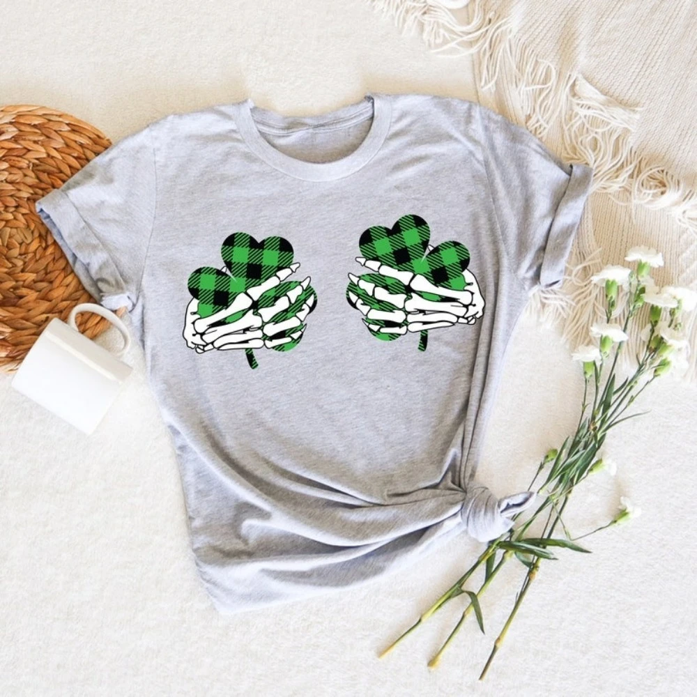 Skeleton St Patrick's Day Shamrock Shirt Lucky Shirt St Patrick's Day Tops Heart Tees Irish Clothes St. Paddy's Day Clothes