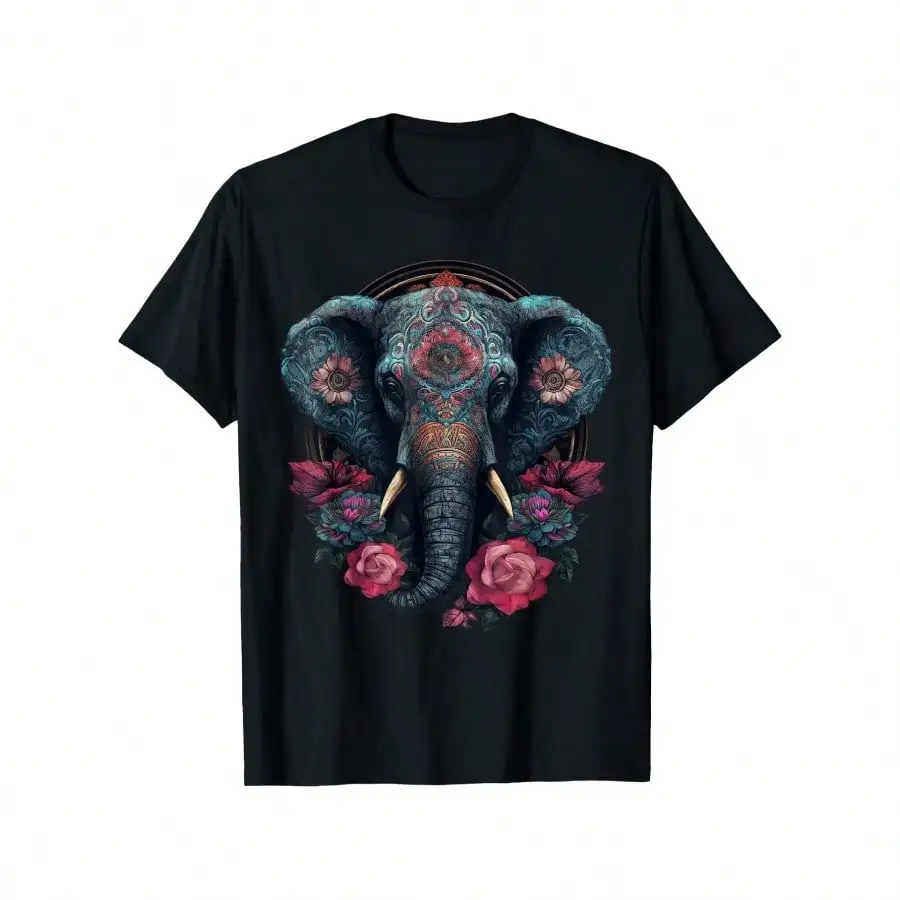 

Elephant Art Graphic Tee for Men - 100% Cotton, Casual Short Sleeve T-Shirt with Geometric Print, Machine Washable