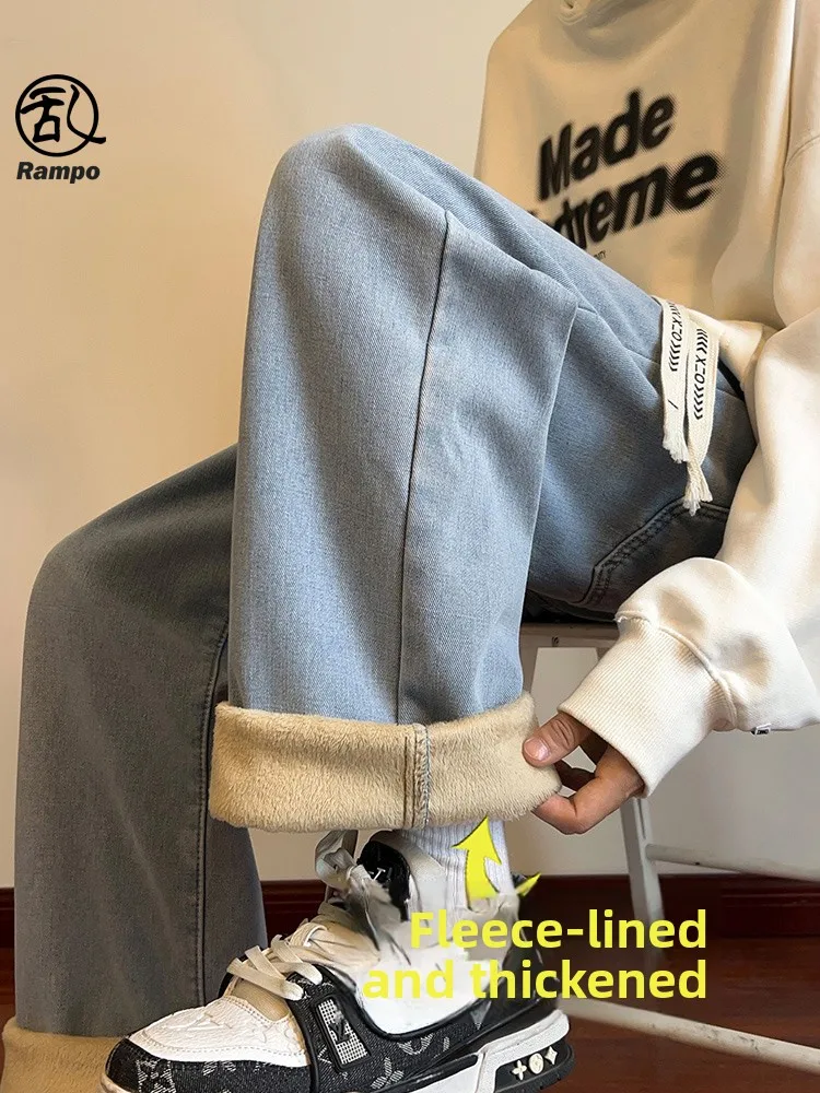 

American Sle Fce Lined Thi Straight Leg Jeans for Teens Winter New Loose Trendy Men's Long Pants High Street Versatile