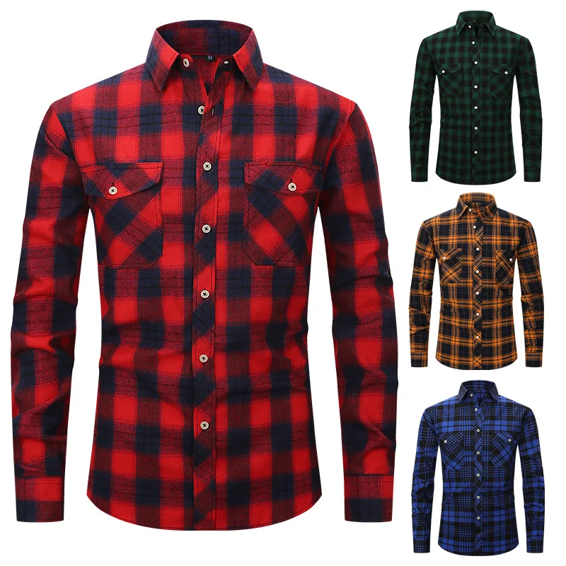 

High Quality Mens Plaid Shirt Fall Long Sleeve Casual Top Fashion Double Pocket Flannel Streetwear Shirt Clothing For Men MY1005