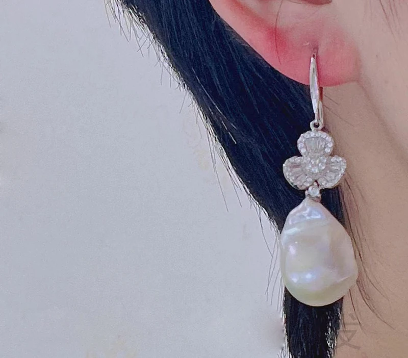 MeiBaPJ Big Natural White Baroque Pearls Fashion Flower Drop Earrings 925 Silver Empty Tray Fine Wedding Jewelry for Women