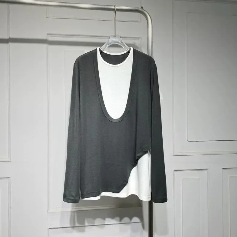 

Модный контрастный цветной искусственный двухсекционный свободный утягивающий топ средней длины с длинными рукавами для женщин