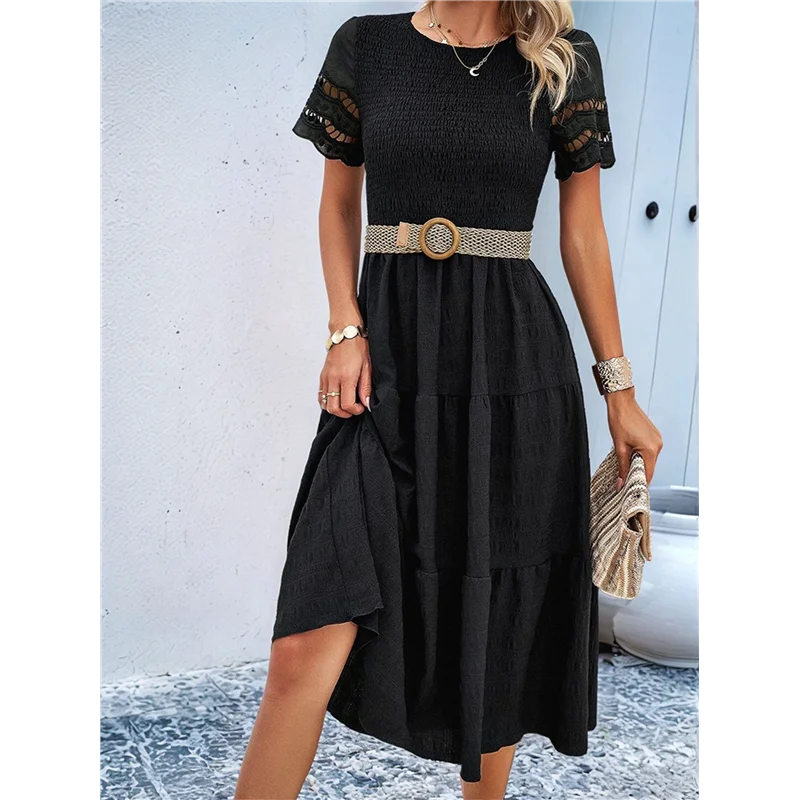 A83F-Vestidos elegantes de color sólido para primavera y verano para mujer, vestido largo recortado con cuello redondo