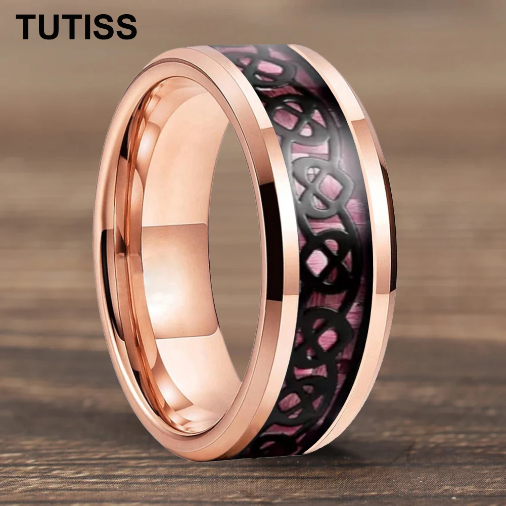 

TUTISS 8mm Men's And Women's Wedding Ring Inlay Pink Carbon Fiber Black Celtic Heart Knot Tungsten Carbide Ring Comfortable Fit