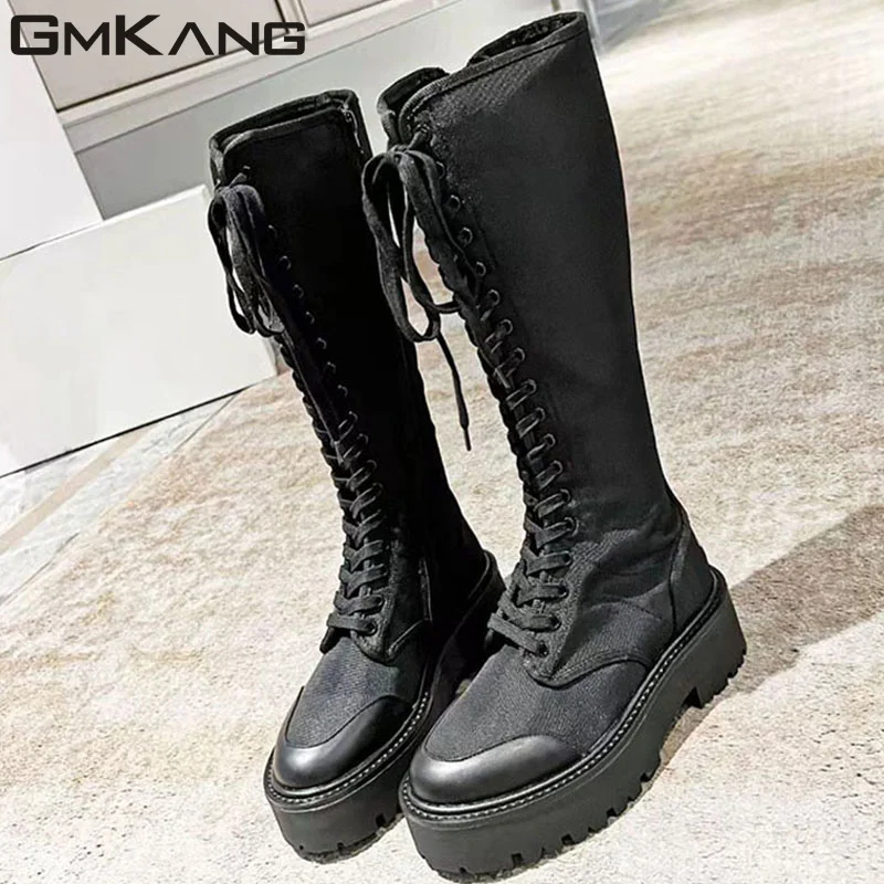 New Arrival gruba podeszwa buty motocyklowe damskie czarne sznurowane długie buty kobieta z okrągłym noskiem płaskie buty damskie buty do kolan na