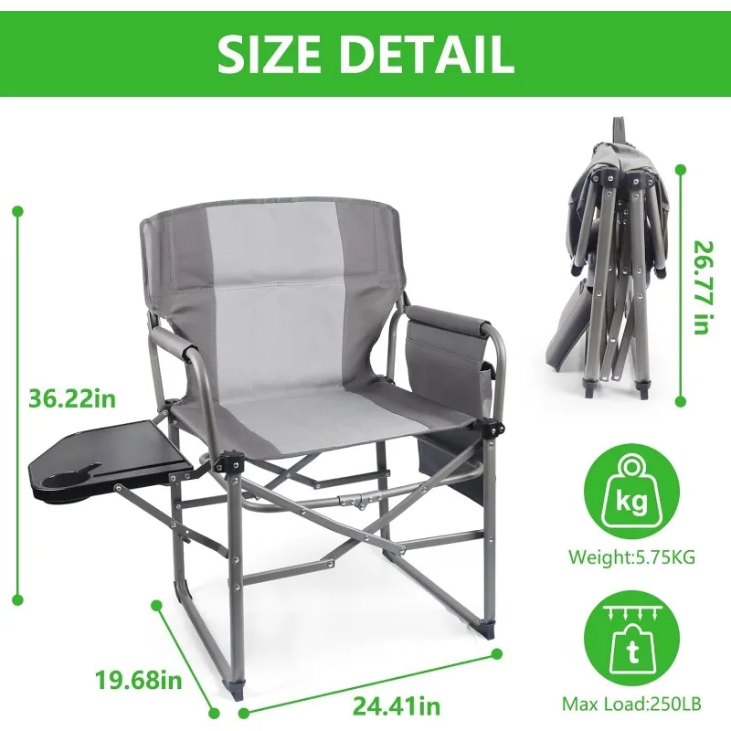 2 Pack Camping Chairs, Adults Folding Heavy Duty Directors Outdoor Lawn Chair with Side Table and Storage Pockets