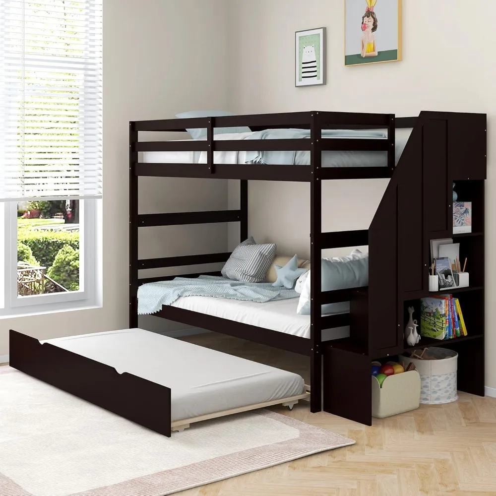 

Twin Over Twin Bunk Bed with Trundle and Stairs, Solid Wood Bunk Bed Frame with Storage Shelf, Bunk Beds Detachable into 2 Plat