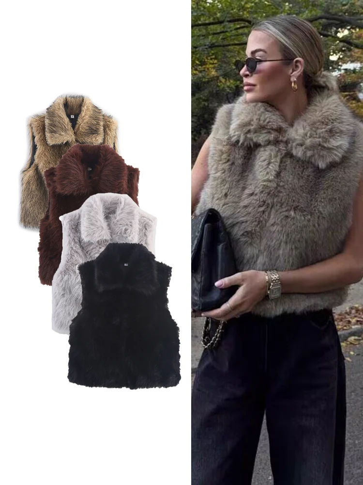 

Женский модный жилет из искусственного меха, топы на осень-зиму, толстый теплый винтажный топ без рукавов, повседневный жилет с отложным воротником, пальто 2025