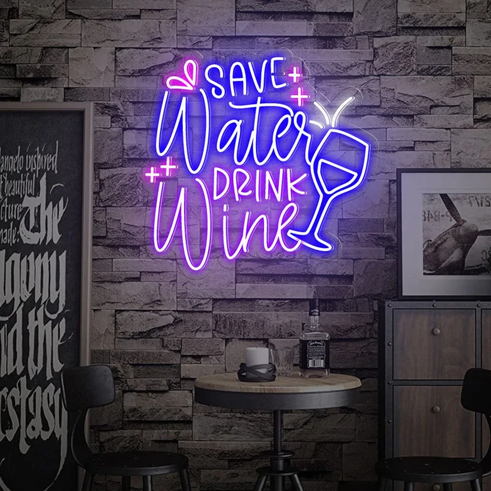 Save Water Drink Wine Neon Sign Personalized Custom Wine Drinking Bar Wall Hanging Neon Signs Handmade Wine LED Night Light