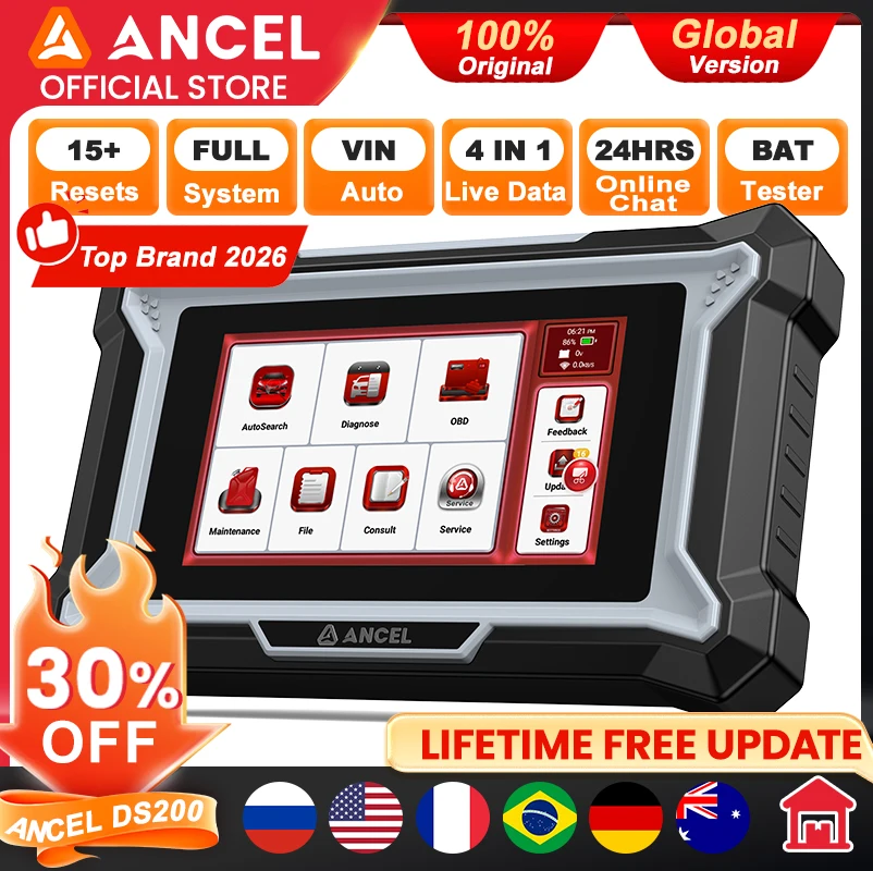 ANCEL DS200 Automotive OBD2 Scanner Lifetime Free Update All System Diagnostic Scan Tool OBD2 Code Reader Auto VIN 15 Resets FCA