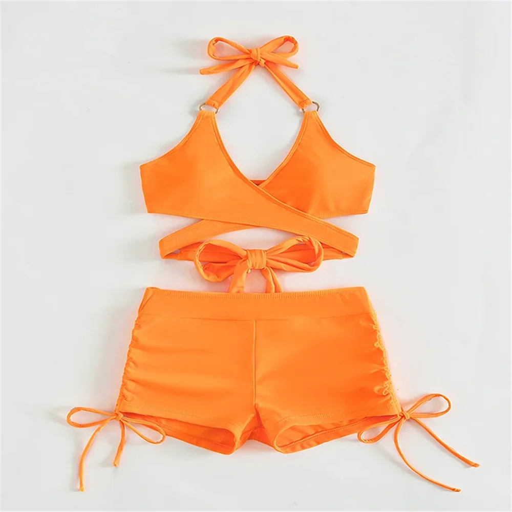 

Orange Bikini Bandage Shorts Set Halter Bikini Red Y2K Swimsuit Push Up Drawstring Swimwear Women Sexy Beach Outfit Bathing Suit