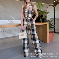 Mandylandy Khaki Plaid Sleeveless Vest Suit Straight-Leg Pants 2-Piece Sets Outfits Women Summer Fashion Vests Coats Trousers