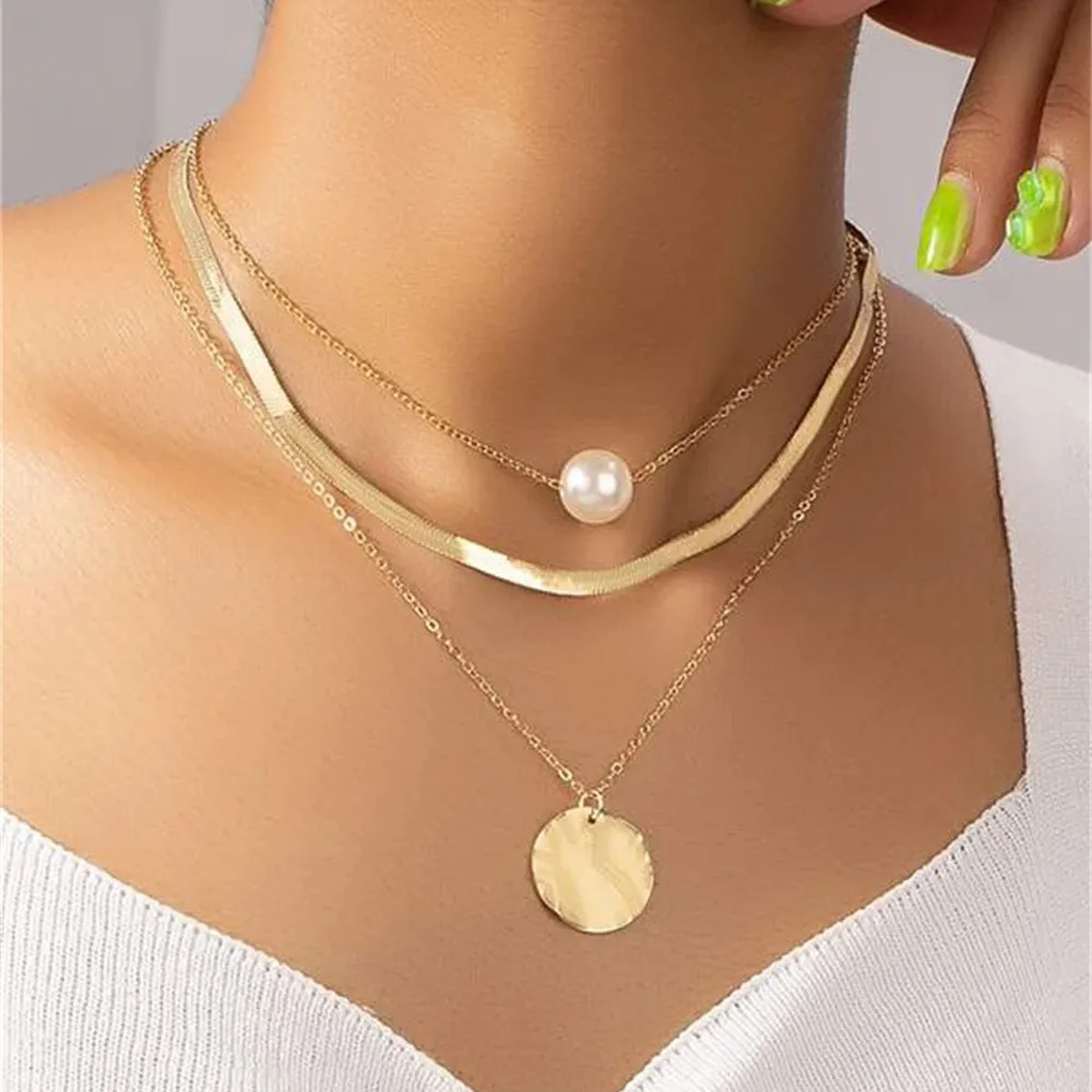 Vintage Fashion Gold Plated Round Sequined Faux Pearl Pendant Necklace For Women Female Multilevel Snake Chain Jewelry Wholesale