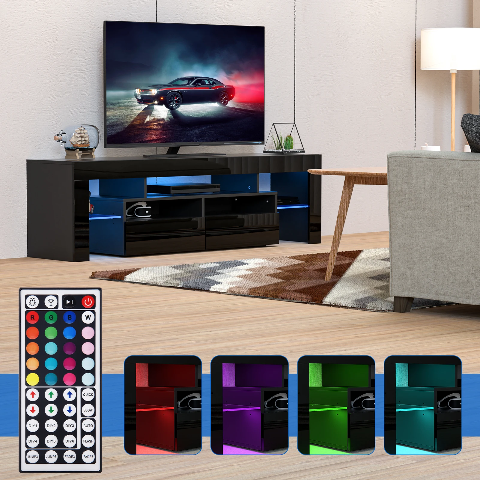 71''LED TV Stand for 75/70/65 inch TV, Modern Entertainment Center with Storage Drawers, High Gloss TV Cabinet, Remote RGB Light