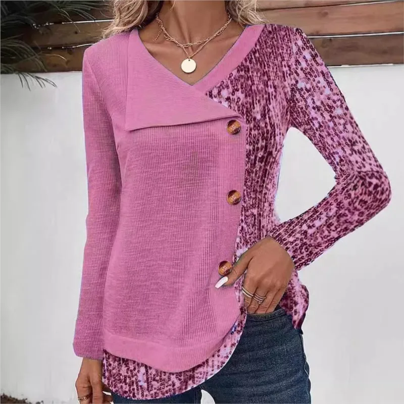 Women's Spring Autumn Fashion T-shirt Spliced ​​Printing Long-sleeved Threade V-neck Buttoned Top With Irregular Hem Blouses Top