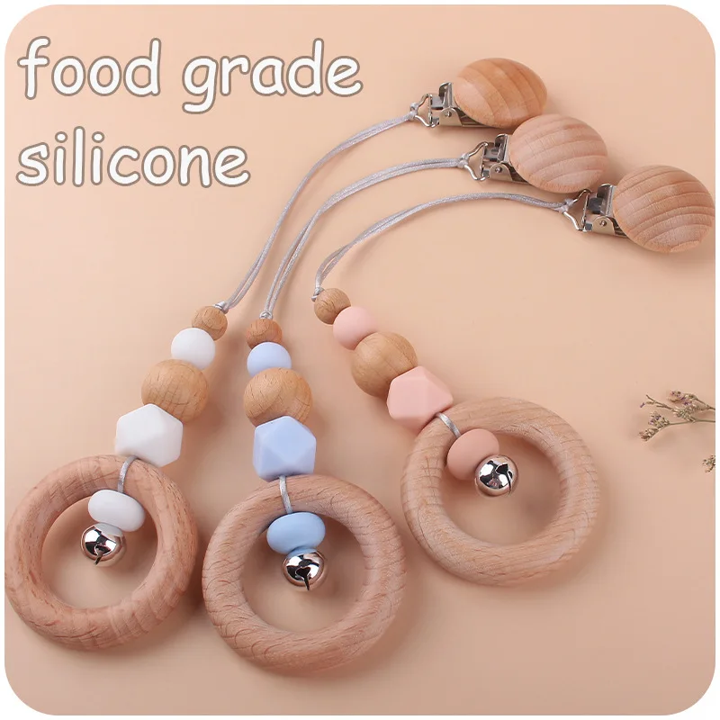 ABCPICK Natural Wood Baby Beech Wooden Rattle Ring Hanging Cart Stick Grasping Silicon Teething Toys Bracelets Care Chew Toy
